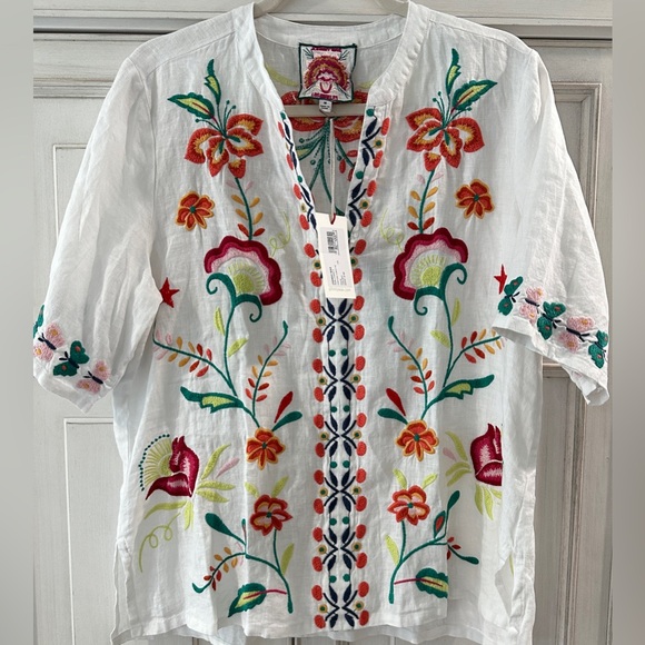Johnny Was Tops - NWT SZ M Johnny Was Floral Embroidered White Blouse MSRP $198